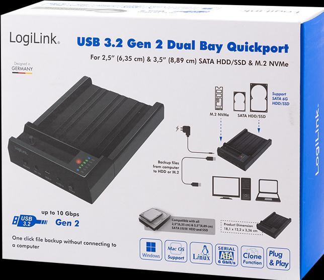 Productafbeelding LogiLink USB 3.2 Gen 2 Quickport, 2-poorts, voor SATA HDD/SSD en M.2 NVMe SSD (2 Havens)
