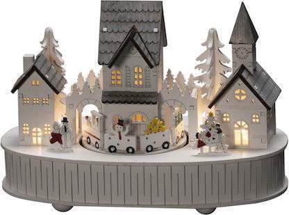 Konstsmide Gnosjö LED Holzsilhouette"Haus und Kirche", weiss, mit Spieluhr und 6h Timer, 5 warm weisse