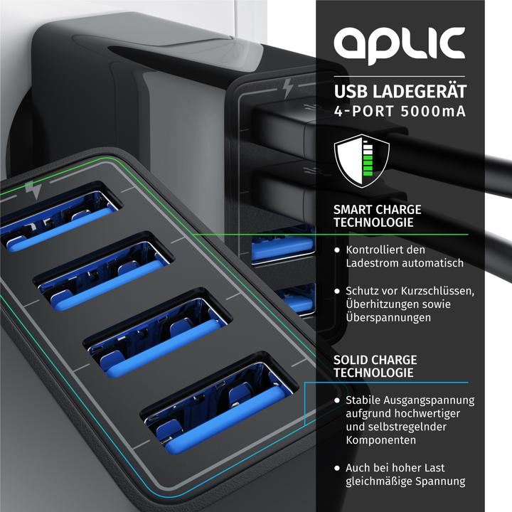 Produktbild Aplic USB Ladegerät 5000 mA, 4 Port Netzteil für Handy, Tablet uvm. 5000mA 2,4A Max. je Port, 25W, schwarz (25 W)