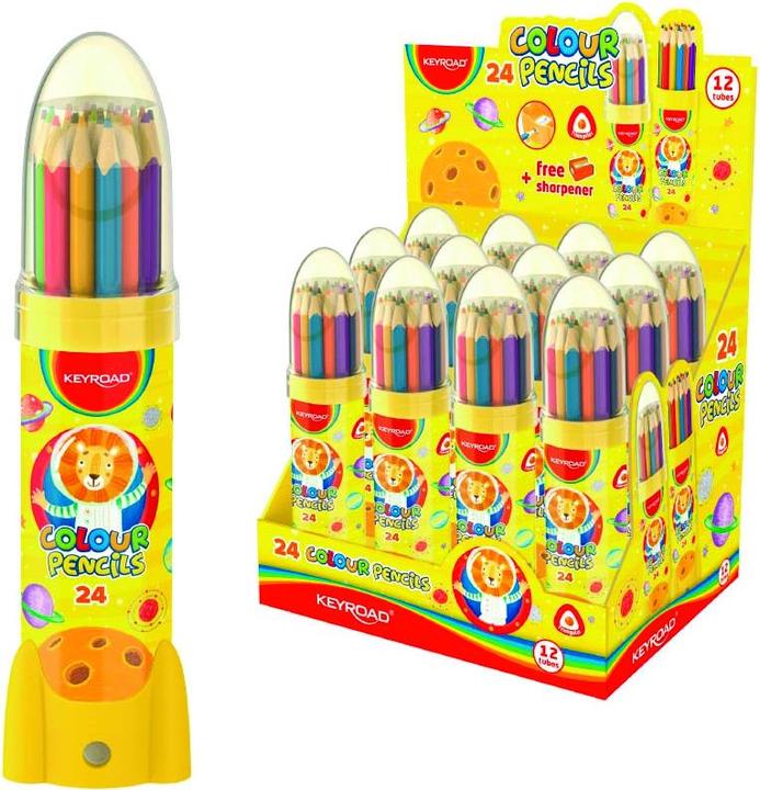 Actual product image Keyroad Pencil crayons, triangular, in rocket-shaped metal tube, 24 pieces, display, colour mix (Multicoloured, 24 x)
