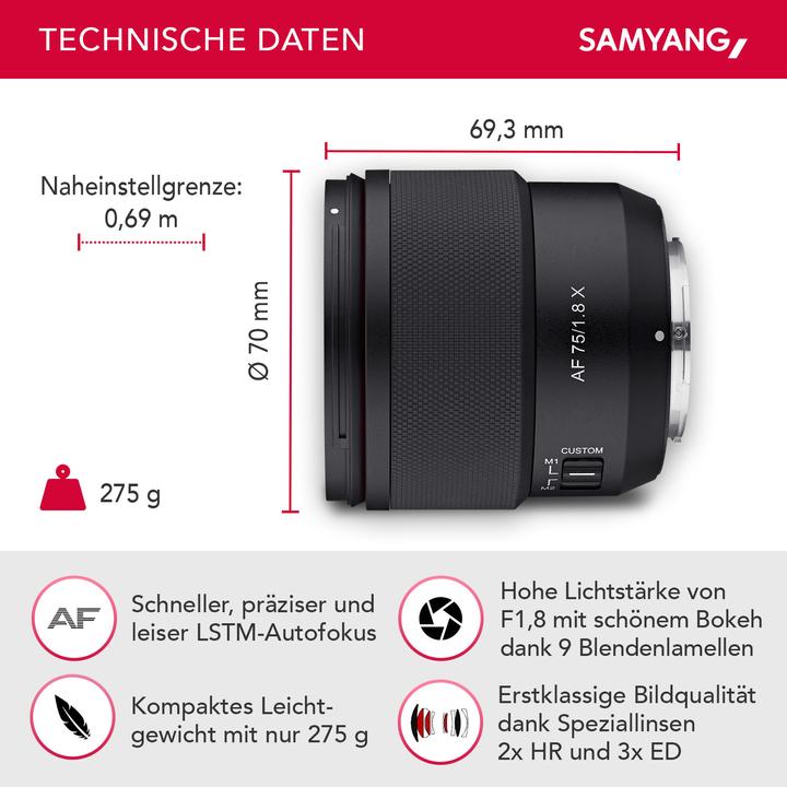 Image du produit Samyang AF 75mm F1,8 Fuji X (Fujifilm X, APS-C / DX)