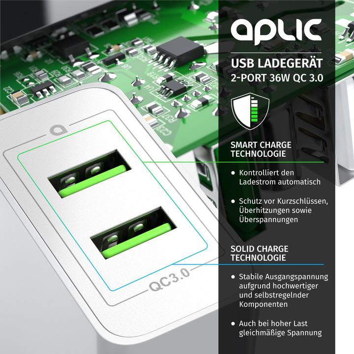 Produktbild Aplic USB Ladegerät, 2-Port Quick Charge USB Ladegerät 36 W / 6000 mA / Schnellladefunktion, weiss (36 W)