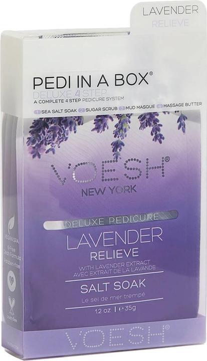 Produktbild Voesh Pedi In A Box Deluxe 4 Step Lavender Relieve (Fussbad, Fusscrème & Fussgel, Fussmaske)