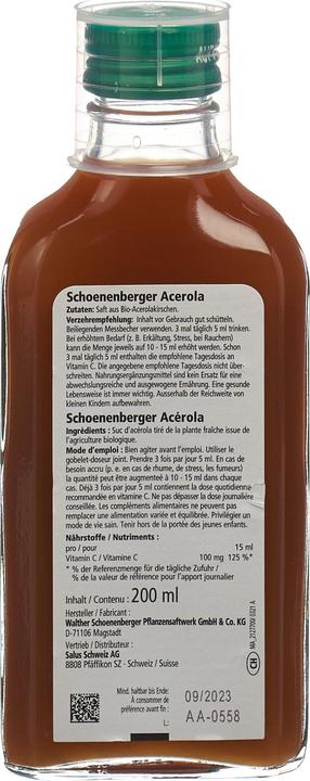 Valeurs nutritives et ingrédients Schönenberger Acérola suc de plantes fraîches Bio sirop (1 pièce(s), Liquide, 434 g)