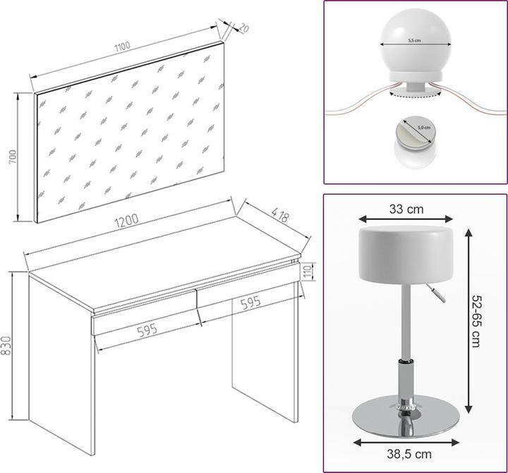 Actual product image Vicco Emma with stool and lighting (120 x 42 x 83 cm)