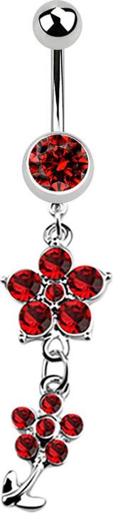 Produktbild Star Piercing Banane silber mit Anhänger zwei Kristallblumen rot (ohne Messing, Chirurgenstahl 316L)