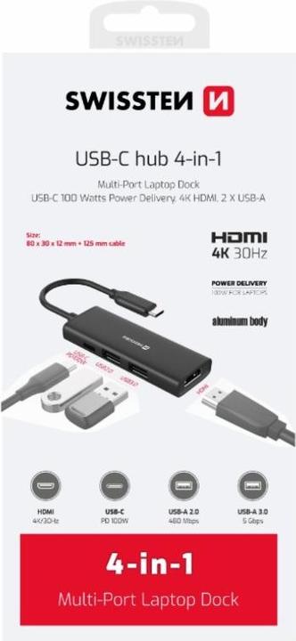 Image du produit Swissten Hub USB-C 4-en-1 (USB-C 100W, Hdmi 4K, 2X USB-A) Aluminium (USB-C, 4 Ports)