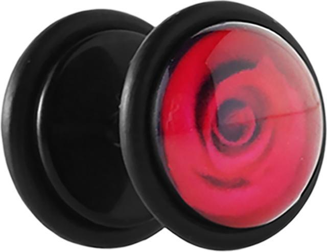 Star Piercing Fake Plug schwarz mit roter Rose (Acryl, ohne Messing)