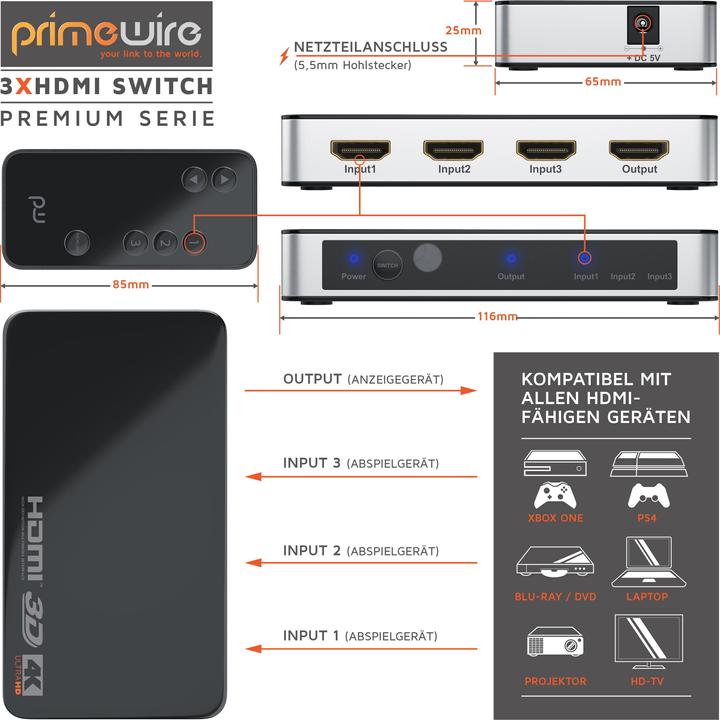 Image du produit Primewire Commutateur 3 ports HDMI 2.0