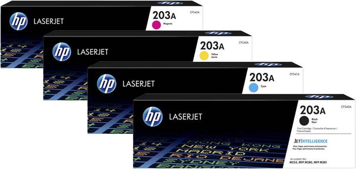 Actual product image HP Original CF540A / 203A SET set with all four colours (M, Y, FC, C)