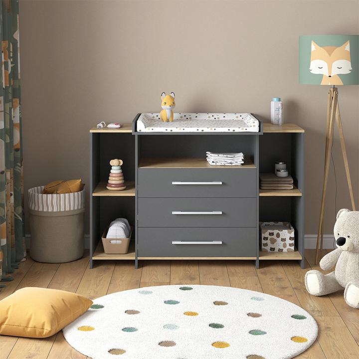 Produktbild Vichy Wickelkommode Oskar, Anthrazit/Goldkraft Eiche, 143.2 x 93 cm mit 3 Schubladen