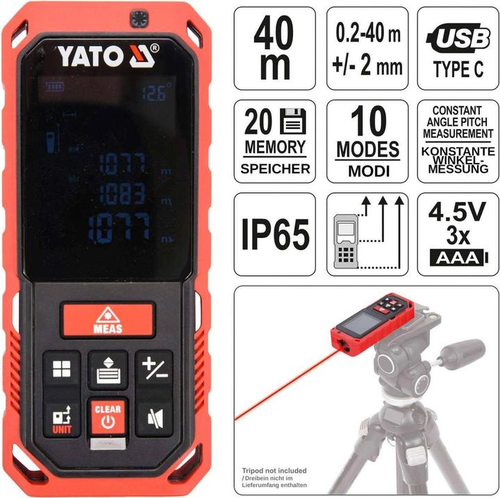 Image du produit Yato Télémètre laser professionnel 0,2-40m (40 m, 670 nm)