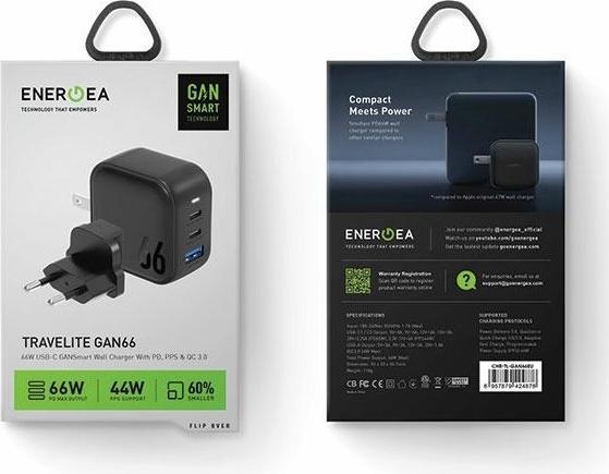 Image du produit Energea ład. siec. 1xUSB+2xUSB-C PD-PPS-QC 3.0 66W 2C1A czarny/black US+UE Travelite GAN66 (66 W)
