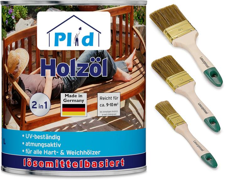 Produktbild Plid Holzöl 1L für ca. 10m² + Pinselset 3-tlg / Holz Pflegeöl Gartenmöbel (Douglasie, 1 l)