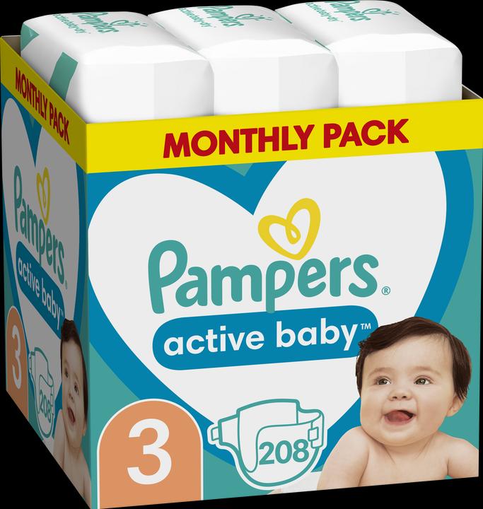 Pampers Diapers Active Baby size 3, 6-10kg, 208pcs (Gr. 3, Monatsbox, 208 Stück)