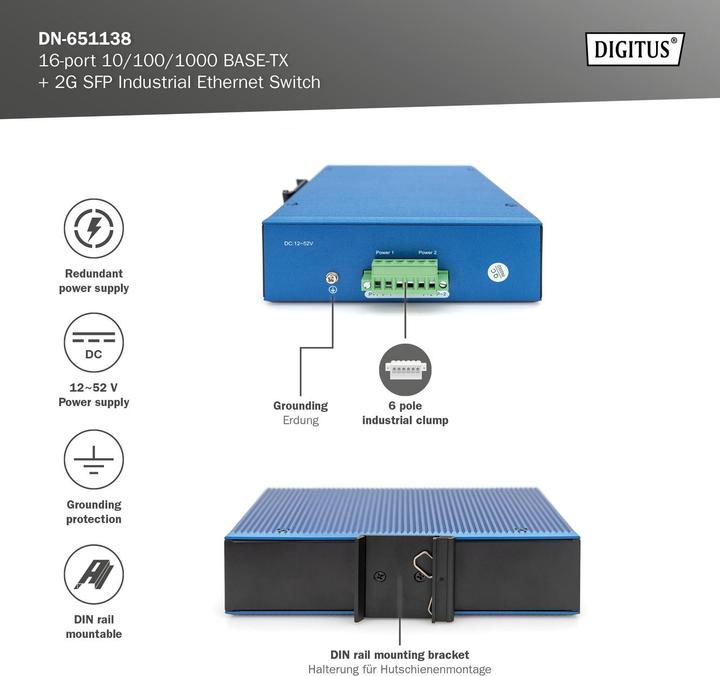 Produktbild Digitus 16-port 10/100/1000BASE-TX +2G SFP Industrial Ethernet Switch (16 Ports)