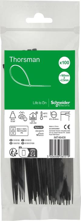 Schneider Kabelbinder Thorsman, Abmessung: 160X2,5 mm, VPE=100 Stück Farbe schwarz IMT46408 (Kunststoffkabelbinder, 160 mm, 100 Stk.)
