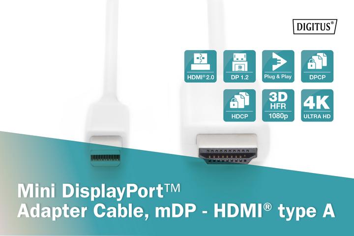 Produktbild Digitus ASSMANN DisplayPort Adapterkabel Mini DP - HDMI Typ A St (2 m, DisplayPort, HDMI)