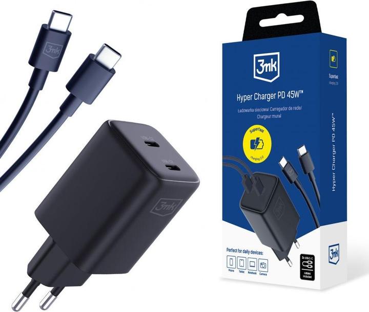 Produktbild 3MK Hyper Charger PD 45W ład. sieć. czarna/black + 2x USB-C Cables (45 W)