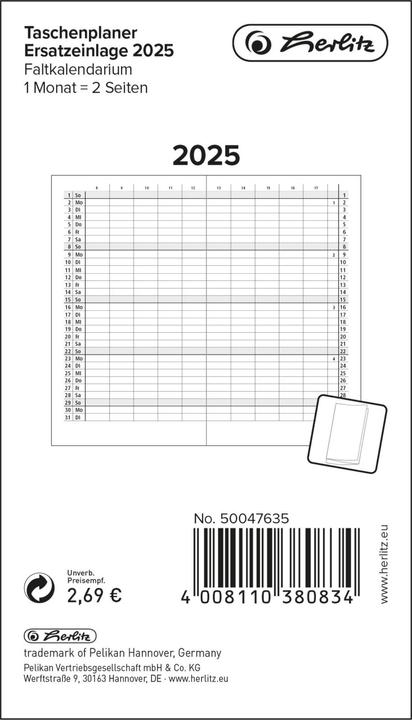 Produktbild Herlitz Taschenplaner Ersatzeinlage 2025 Faltkalender, 1 Monat=2 Seiten (Deutsch)