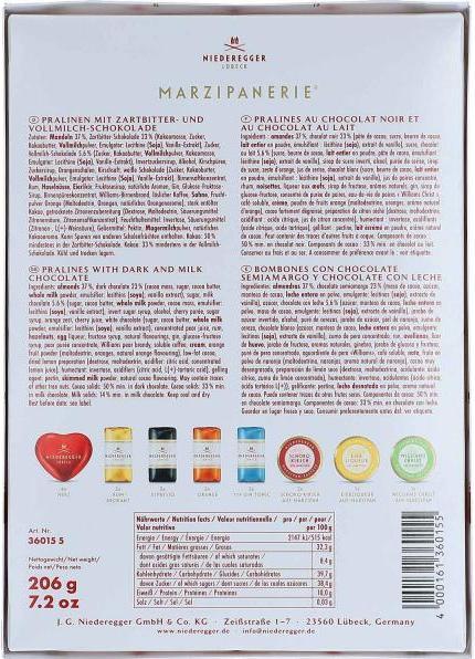 Nutritional values and ingredients Niederegger Lübeck Marzipanerie chocolates assorted with dark chocolate (206g) (206 g)