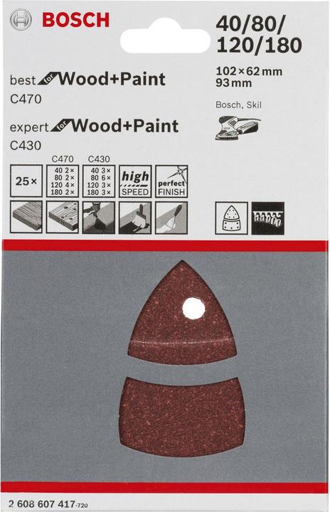 Immagine prodotto Bosch Professional Zubehör Set di fogli abrasivi C470 e C430, 102 x 62, 93 mm, 40 - 180, confezione da 25 pezzi (40, 80, 120, 180)
