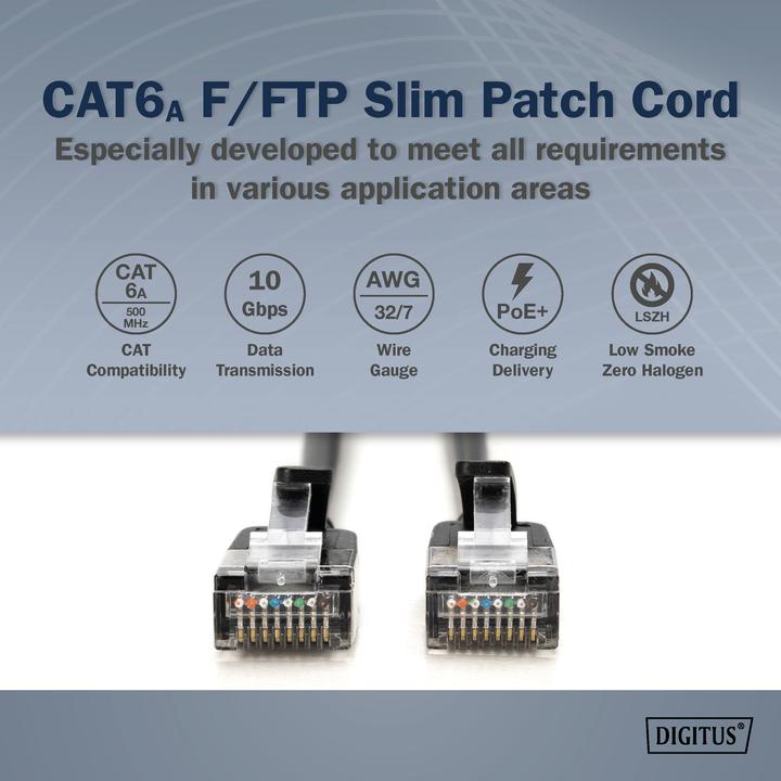 Actual product image Digitus CAT 6A class Ea, F/FTP, twisted pair patch cable, Cu, LSZH, AWG 32/7, length: 0.5 m, black (F/FTP, CAT6a, 0.50 m)