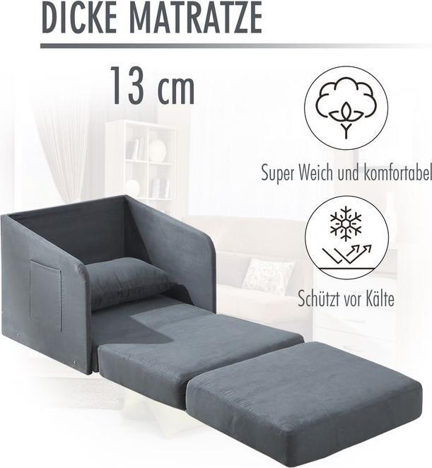 Produktbild Swisshandel24 Schlafsofa Sofabett Einzelsofa Waschbarer Bezug 2 Seitentaschen Kissen Metall Grau 70 x 76 x 77 cm