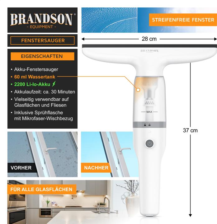 Image du produit Brandson Akku Fenstersauger, Fensterreiniger mit Sprühflasche & Wischbezug, für Duschkabine, Spiegel, 2200mAh