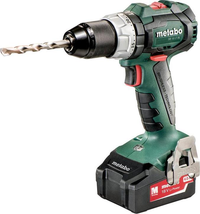SB 18 LT BL cordless impact drill, quick-action drill chuck Belt hook and bit depot 2 LiPOWER battery packs (18 V/4.0 Ah) Charger ASC 55 AIR COOLED metaBOX 145, instructions