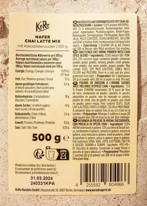 Valeurs nutritives et ingrédients KoRo Chai Latte Mix (500 g)