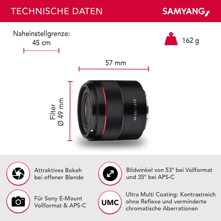 Actual product image Samyang AF 45mm F1.8 FE (Sony E, full size, APS-C / DX)