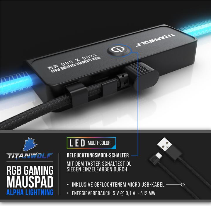 Actual product image Titanwolf RGB Gaming Mauspad, Mausmatte XXXL 1200 x 600mm verbessert Präzision & Geschwindigkeit, schwarz (XXL)