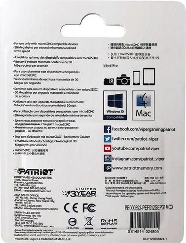 Valeurs nutritives et ingrédients Patriot EP V30 Speicherkarte MicroSDXC (512 Go, microSDXC, U3, UHS-I)