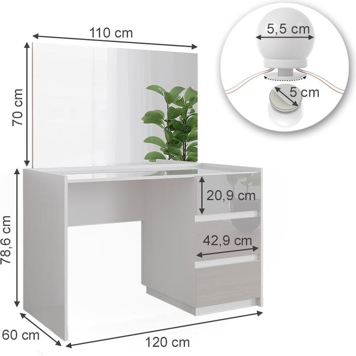 Actual product image Vicco Dressing table Marla, White High Gloss, 120 cm with mirror, LED fairy lights (120 x 60 x 79 cm)