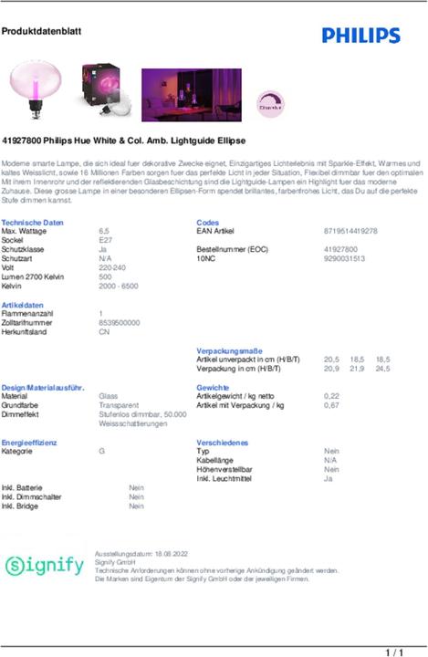 Produktbild Philips Hue Ellipse (E27, 6.50 W, 500 lm, 1 x, G)