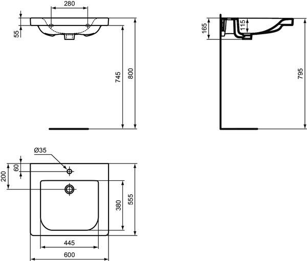 Produktbild Ideal Standard IDS Waschtisch CONNECT FREEDOM ufahrb. o ÜL 600x555x165mm weiss (555 mm, 600 mm)