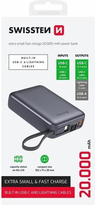 Immagine prodotto Swissten Power Bank 20000 Mah with Built-In Cables USB-C and Lightning Space Silver (20000 mAh, 22.50 W, 22.50 Wh)