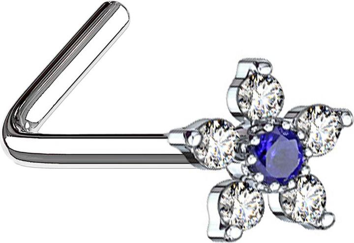 Immagine prodotto Star Piercing Nasenstecker gewinkelt silber Blume mit Kristall blau und silber (Acciaio chirurgico 316L, Ottone)
