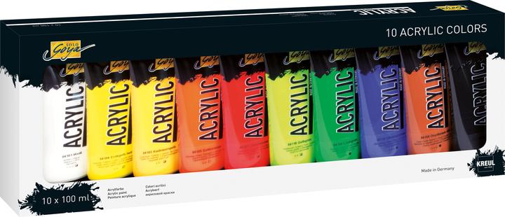 Immagine prodotto Solo Goya Set di 10 pezzi in acrilico (Blu oltremare, Verde foglia, Arancione vero, Giallo-verde, Giallo cadmio, Nero, Marrone ossido, 1000 ml)