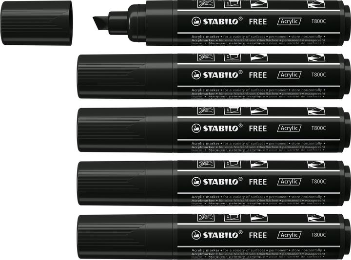 Image du produit STABILO Marqueurs acryliques - FREE Acrylic - T800C pointe biseautée 4-10mm - stylo simple - noir (Noir, 10 mm, 1 x)