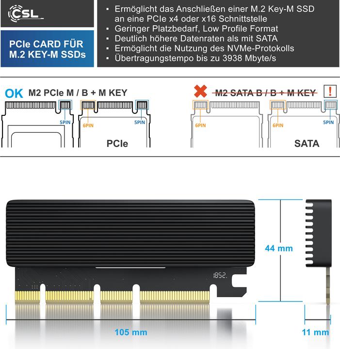 Produktbild CSL PCIe Karte, Erweiterungskarte für M.2 Key-M SSDs, NVMe Standard, SSD Adapterkarte, PCIe x4 oder x16