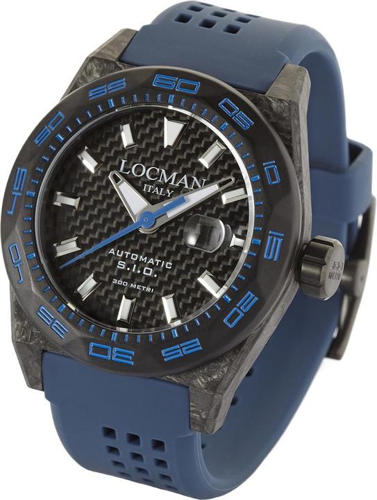 Actual product image Locman Italy Men's Watch Stealth Carbon Automatic black/blue Ref. 0216 (Analogue wristwatch, 46 mm)