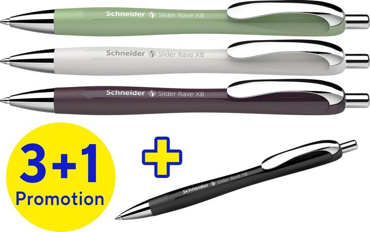 Produktbild Schneider 3 + 1 GRATIS: Kugelschreiber Slider Rave XB farbsortiert, Schreibfarbe: blau, 3 St. + GRAT (1 x)