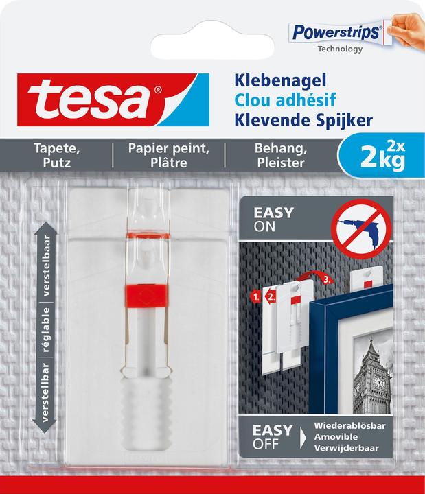 Adhesive nail for wallpaper & plaster, 2kg holding power, height-adjustable