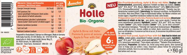 Valori nutrizionali e ingredienti Holle Mela e pera con avena (310.62 g)