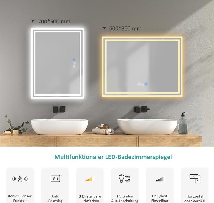 Produktbild Emke Badspiegel mit Beleuchtung 70*50cm,Beschlagfrei, Bewegungssensor, 3 Farbtemperaturen und dimmbaren