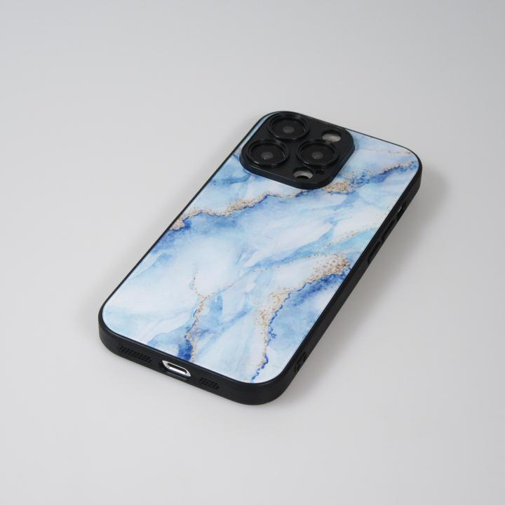 Produktbild PhoneLook Hülle Glass Marmor mit Silikonrand Hellblau (Apple iPhone 14 Pro)