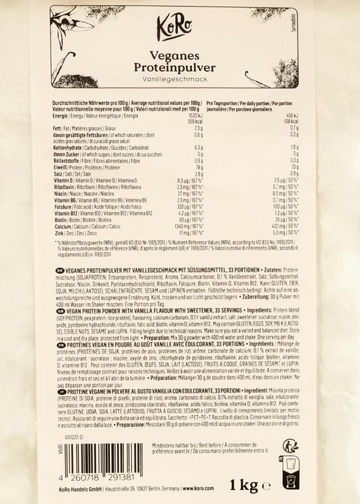 Nährwerte und Zutaten KoRo Veganes Proteinpulver (Vanille, 1 Stk., 1000 g)