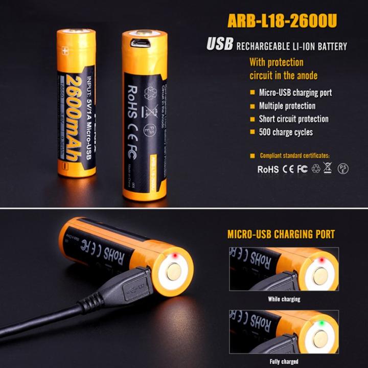 Actual product image Fenix Akku 18650, mehrfach geschützt mit USB Ladefunktion, mit AccuCell AccuSafe (1 pcs., Device specific, 2600 mAh)